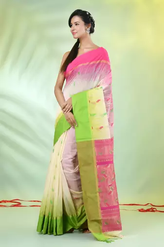 Off white cotton ikat saree with ganga jamuna border
