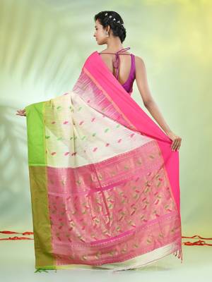Off white cotton ikat saree with ganga jamuna border 3