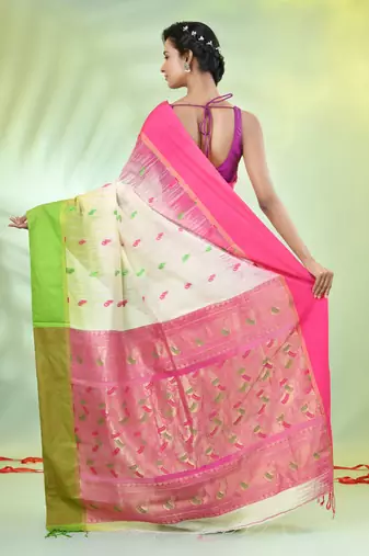Off white cotton ikat saree with ganga jamuna border