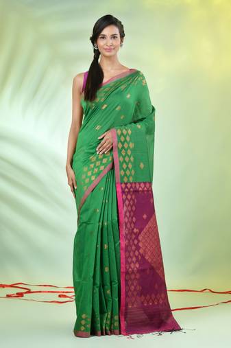 Green cotton saree with geomatric patterns