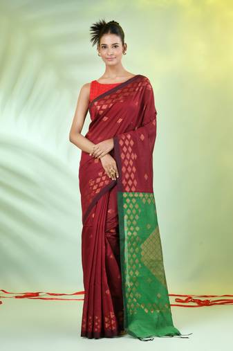 Maroon cotton saree with geomatric patterns