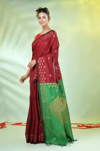 Maroon cotton saree with geomatric patterns