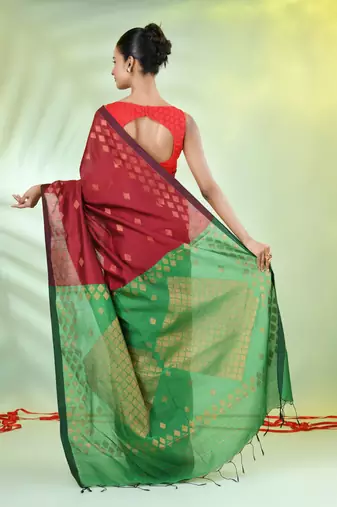 Maroon cotton saree with geomatric patterns
