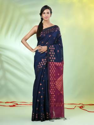 Navy blue cotton saree with geomatric patterns 1