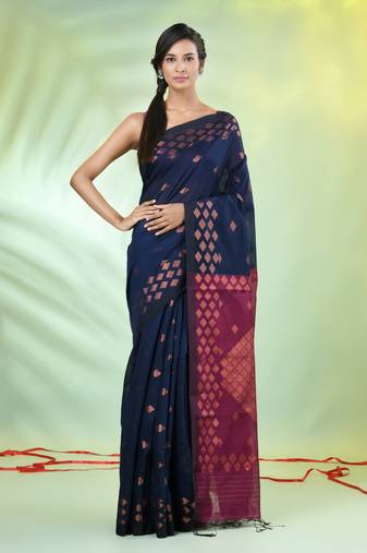 Navy blue cotton saree with geomatric patterns