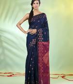Navy blue cotton saree with geomatric patterns