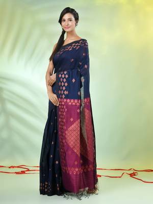 Navy blue cotton saree with geomatric patterns 2