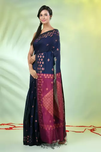 Navy blue cotton saree with geomatric patterns
