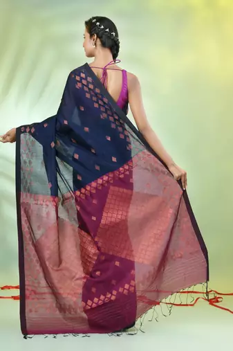 Navy blue cotton saree with geomatric patterns