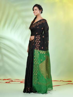 Black cotton saree with geomatric patterns 1