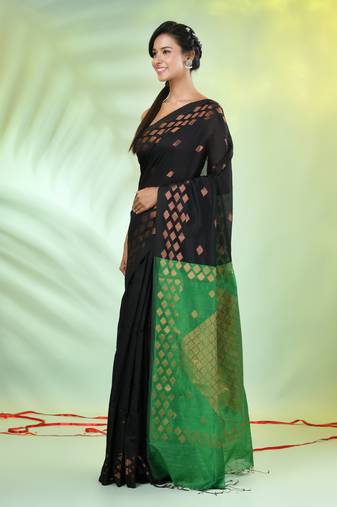 Black cotton saree with geomatric patterns