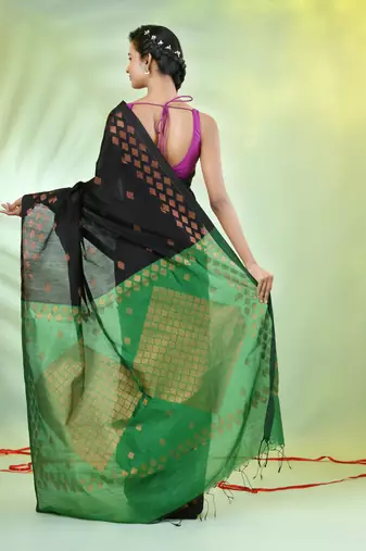 Black cotton saree with geomatric patterns