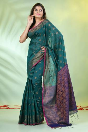 Teal cotton saree with zari borders