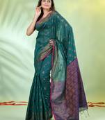 Teal cotton saree with zari borders