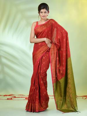 Red cotton saree with zari borders 1