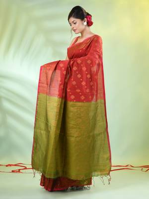 Red cotton saree with zari borders 2