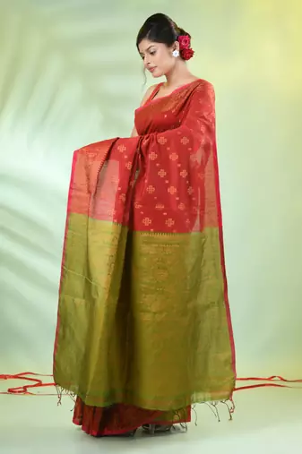 Red cotton saree with zari borders