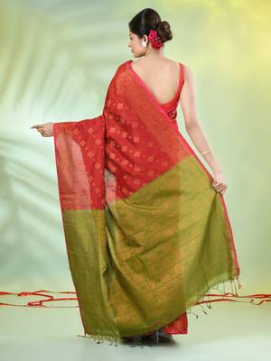 Red cotton saree with zari borders 3