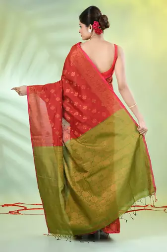 Red cotton saree with zari borders