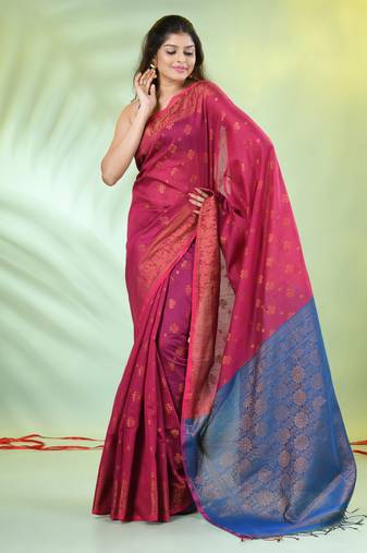 Shocking pink cotton saree with zari borders