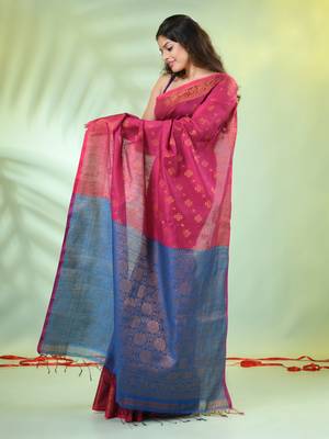Shocking pink cotton saree with zari borders 2