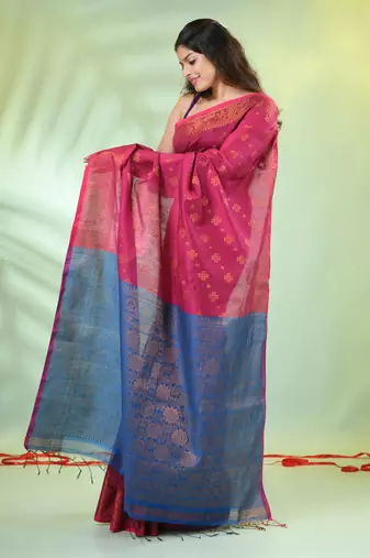 Shocking pink cotton saree with zari borders