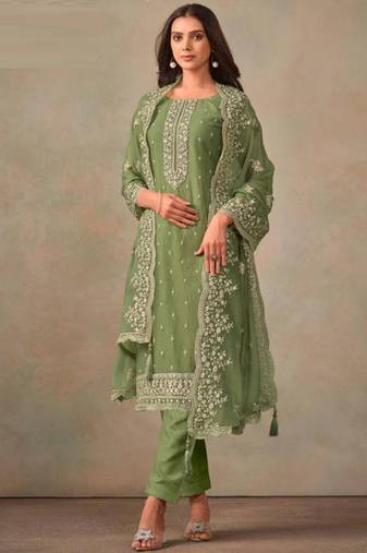 Pista green organza silk salwar suit with dupatta