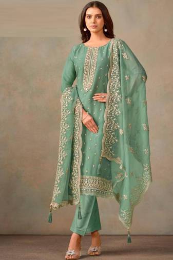 Light green organza silk salwar suit with dupatta
