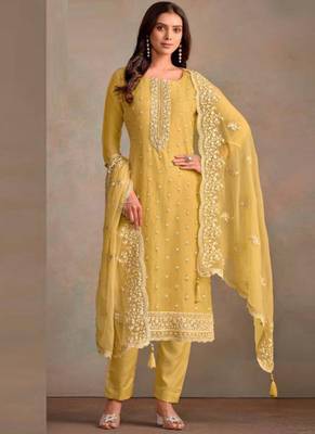 Light yellow organza silk salwar suit with dupatta 1