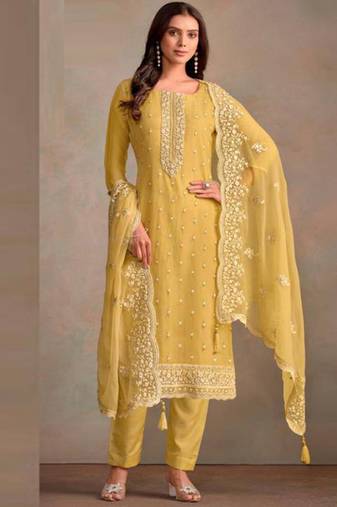 Light yellow organza silk salwar suit with dupatta