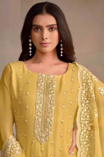 Light yellow organza silk salwar suit with dupatta