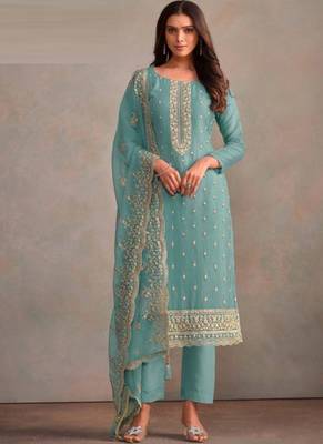 Sky blue organza silk salwar suit with dupatta 1