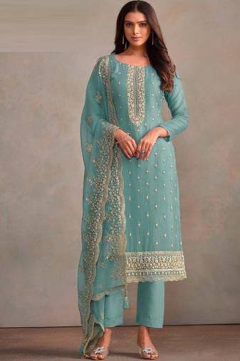 Sky blue organza silk salwar suit with dupatta