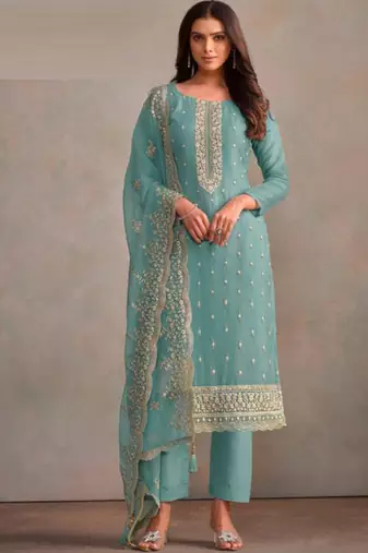 Sky blue organza silk salwar suit with dupatta