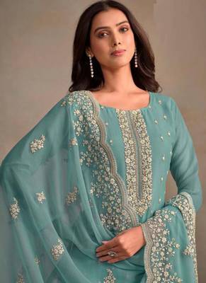 Sky blue organza silk salwar suit with dupatta 2