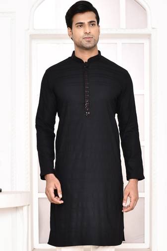 Maahi fabs cotton blend vertical design solid black diwali festive occasion kurta for men