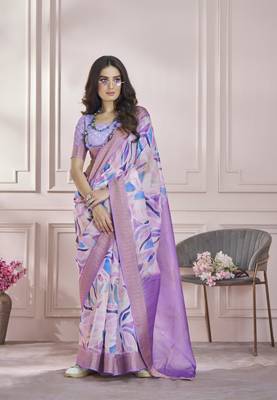 Lavender printed modal silk blend saree with blouse 1