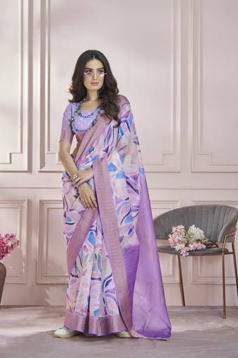 Lavender printed pure modal silk saree with blouse