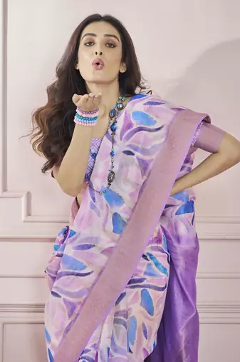 Lavender printed modal silk blend saree with blouse