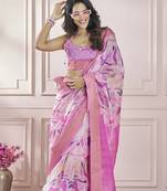 Pink printed modal silk blend saree with blouse