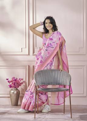 Pink printed modal silk blend saree with blouse 2