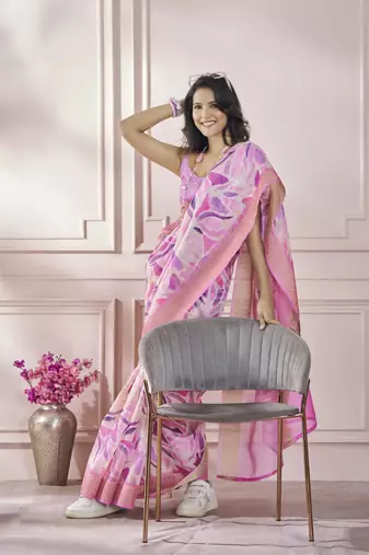 Pink printed modal silk blend saree with blouse