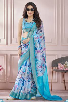 Sky blue printed modal silk blend saree with blouse 1