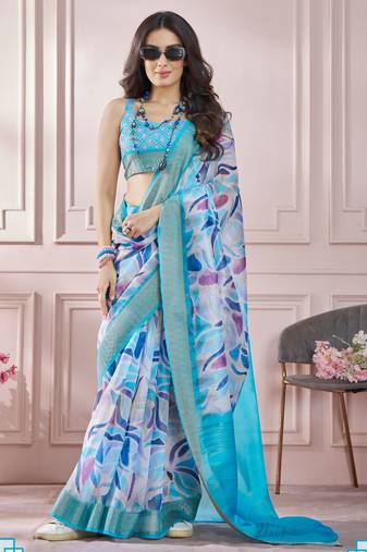 Sky blue printed pure modal silk saree with blouse