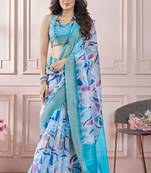 Sky blue printed modal silk blend saree with blouse