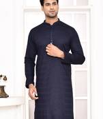 cotton blend vertical design solid navyblue diwali festive occasion kurta for men