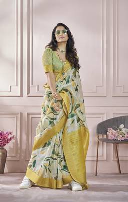 Cream printed modal silk blend saree with blouse 1