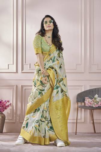 Cream printed pure modal silk saree with blouse