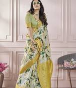 Cream printed modal silk blend saree with blouse