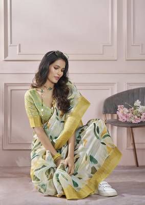 Cream printed modal silk blend saree with blouse 2